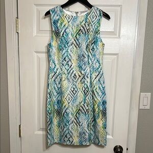 T Tahari Blue and Green Sheath Dress Sleeveless Crew Neck